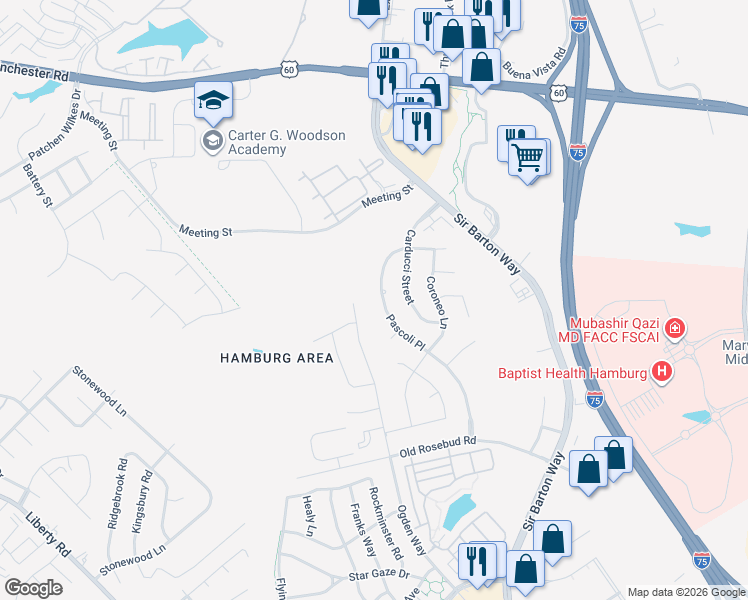 map of restaurants, bars, coffee shops, grocery stores, and more near 2513 Pascoli Place in Lexington
