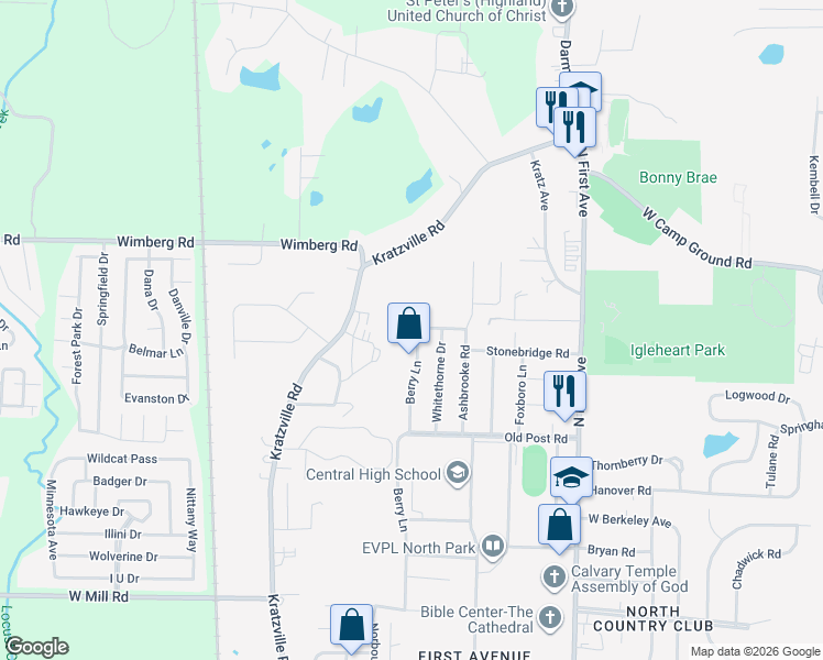 map of restaurants, bars, coffee shops, grocery stores, and more near 6012 Berry Lane in Evansville