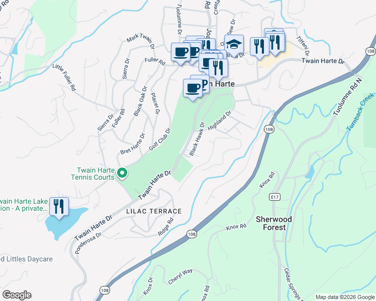 map of restaurants, bars, coffee shops, grocery stores, and more near 22725 Black Hawk Drive in Twain Harte