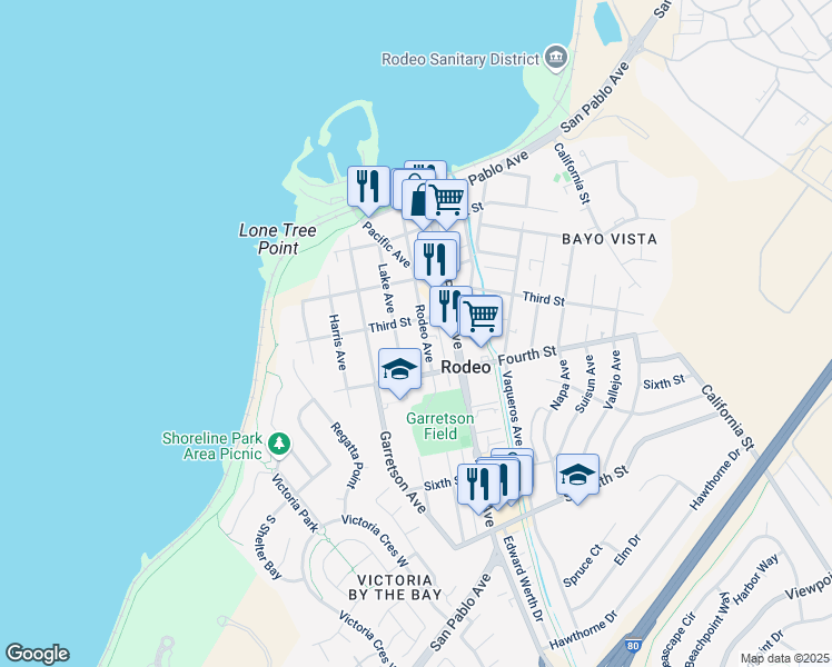 map of restaurants, bars, coffee shops, grocery stores, and more near 307 Lake Avenue in Rodeo