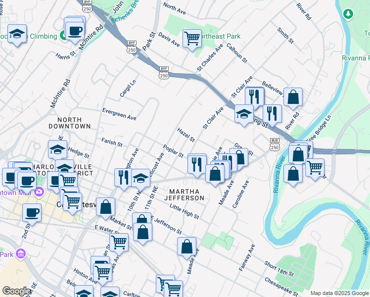 map of restaurants, bars, coffee shops, grocery stores, and more near in Charlottesville