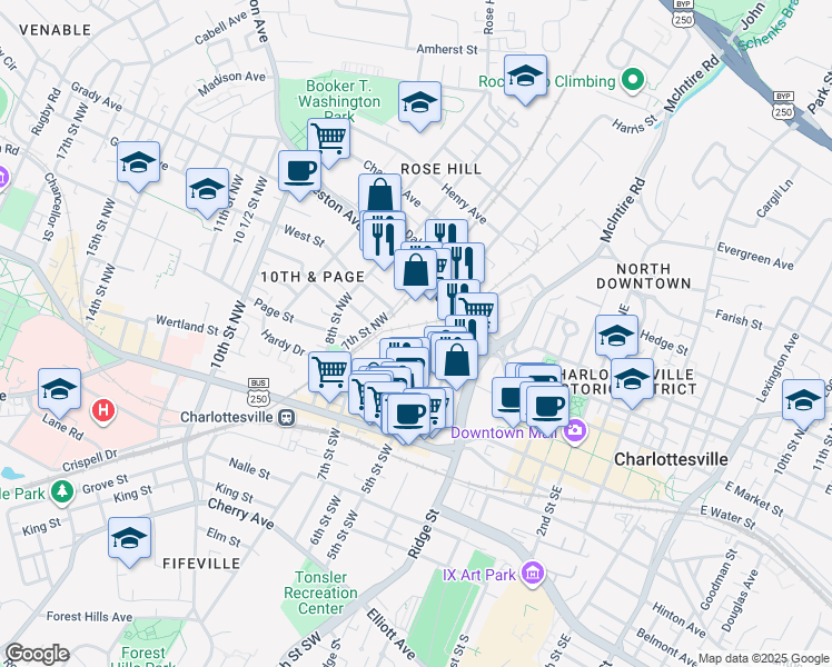 map of restaurants, bars, coffee shops, grocery stores, and more near 305 4th Street Northwest in Charlottesville
