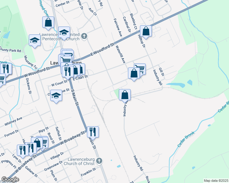 map of restaurants, bars, coffee shops, grocery stores, and more near 102 Coleman Drive in Lawrenceburg
