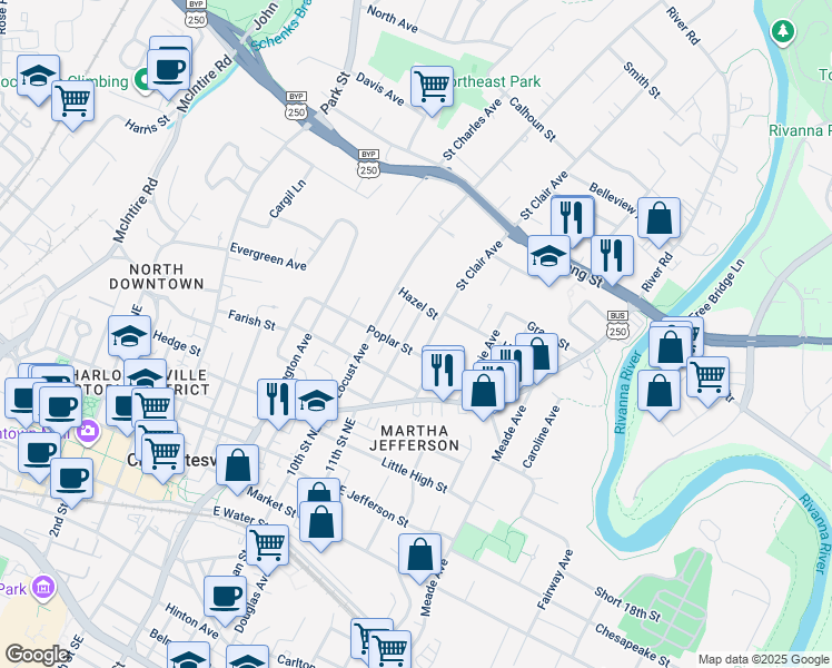map of restaurants, bars, coffee shops, grocery stores, and more near 706 Grove Avenue in Charlottesville