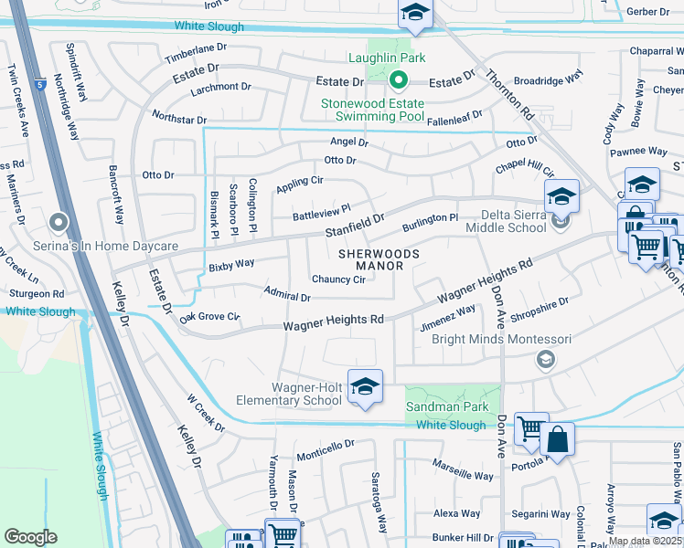 map of restaurants, bars, coffee shops, grocery stores, and more near 2921 Chauncy Circle in Stockton