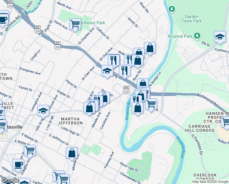 map of restaurants, bars, coffee shops, grocery stores, and more near 1324A Willow Drive in Charlottesville