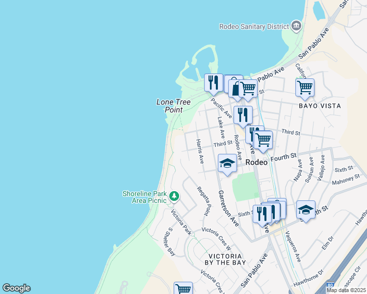 map of restaurants, bars, coffee shops, grocery stores, and more near 256 Sharon Avenue in Rodeo