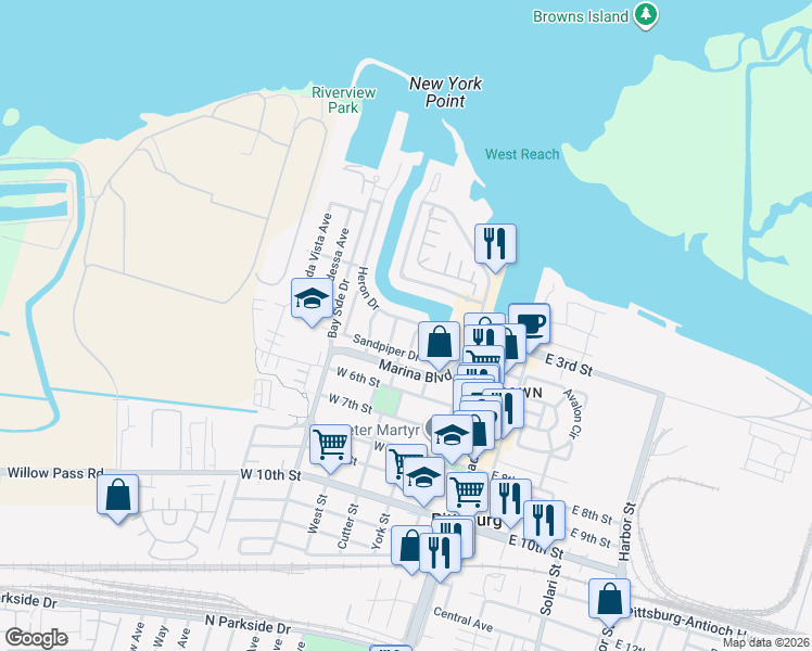 map of restaurants, bars, coffee shops, grocery stores, and more near 161 Heron Drive in Pittsburg