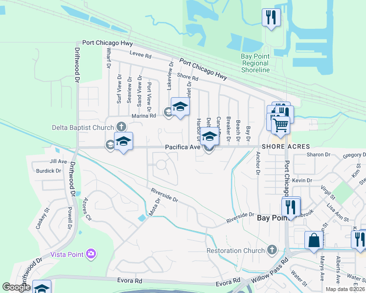 map of restaurants, bars, coffee shops, grocery stores, and more near Pacifica Avenue in Bay Point