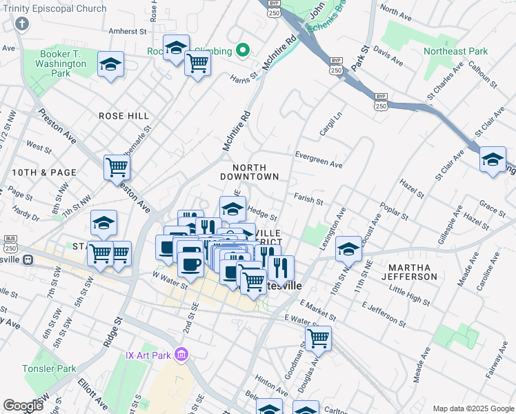 map of restaurants, bars, coffee shops, grocery stores, and more near 315 Hedge Street in Charlottesville