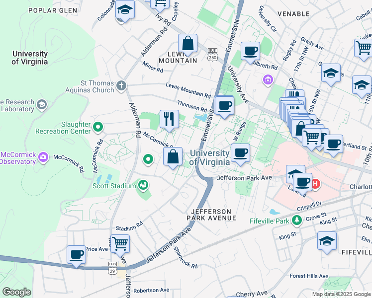 map of restaurants, bars, coffee shops, grocery stores, and more near in Charlottesville