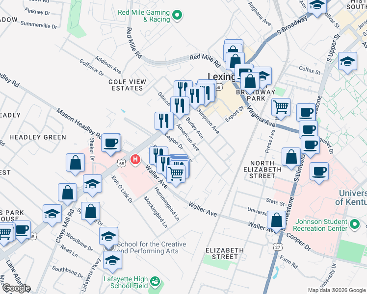 map of restaurants, bars, coffee shops, grocery stores, and more near 333 Legion Drive in Lexington