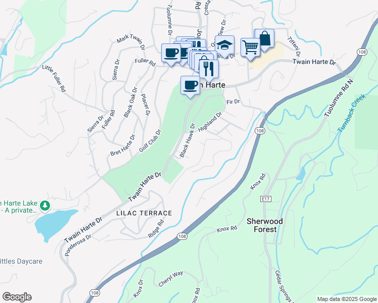 map of restaurants, bars, coffee shops, grocery stores, and more near 22725 Black Hawk Drive in Twain Harte