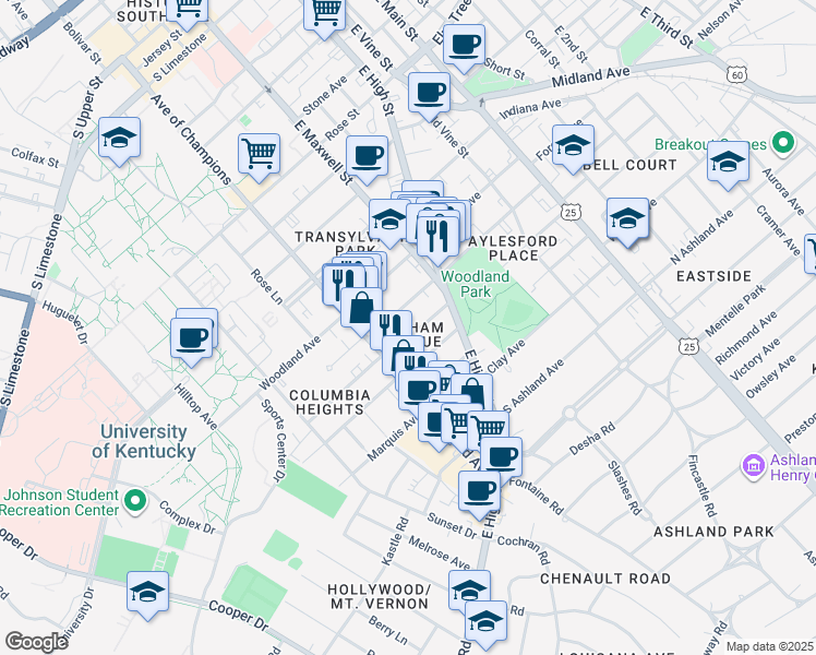 map of restaurants, bars, coffee shops, grocery stores, and more near 347 Oldham Avenue in Lexington