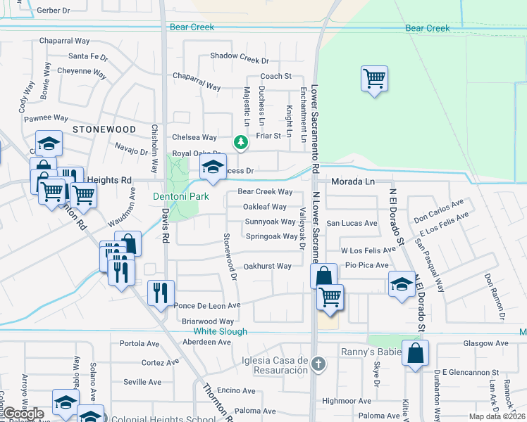 map of restaurants, bars, coffee shops, grocery stores, and more near 1028 Oakleaf Way in Stockton