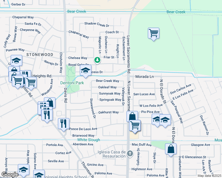map of restaurants, bars, coffee shops, grocery stores, and more near 1004 Oakleaf Way in Stockton