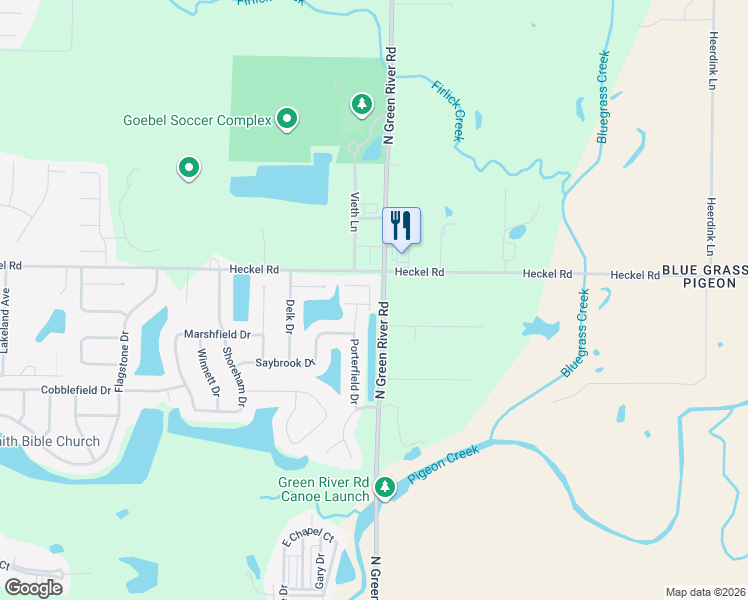 map of restaurants, bars, coffee shops, grocery stores, and more near 6147 Boston Way in Evansville