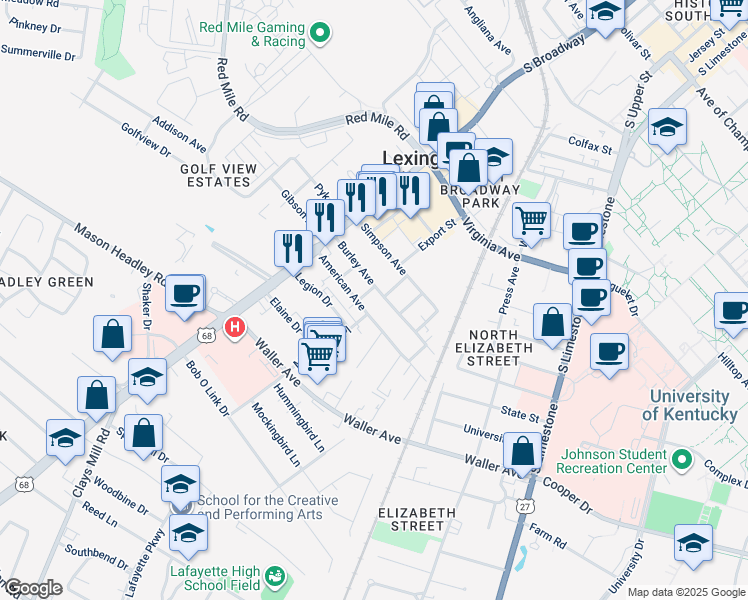 map of restaurants, bars, coffee shops, grocery stores, and more near 200 Burley Ave in Lexington