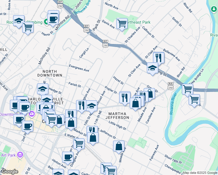 map of restaurants, bars, coffee shops, grocery stores, and more near 700 Locust Avenue in Charlottesville