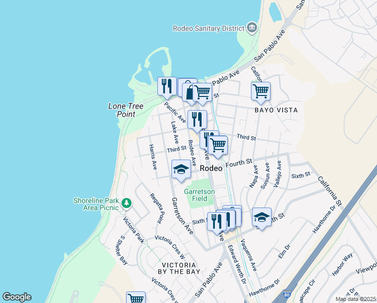map of restaurants, bars, coffee shops, grocery stores, and more near 307 Lake Avenue in Rodeo