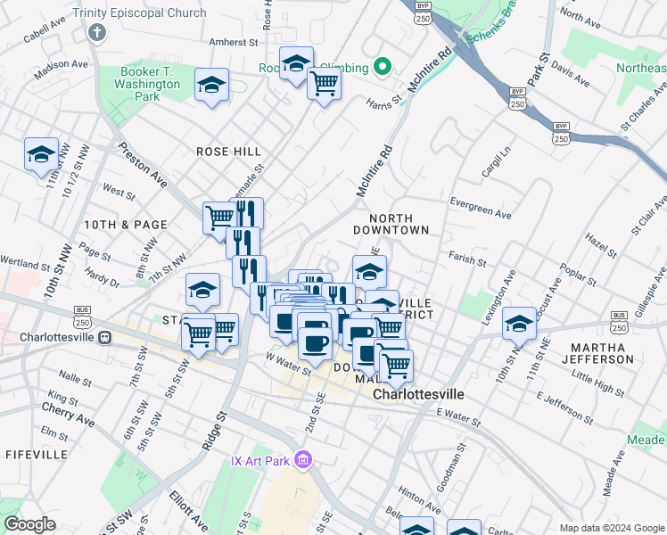 map of restaurants, bars, coffee shops, grocery stores, and more near 408 Altamont Circle in Charlottesville