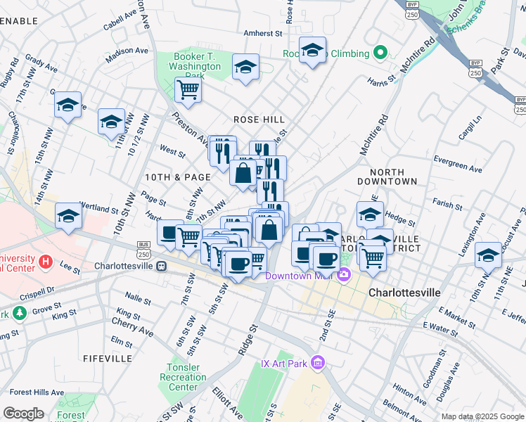 map of restaurants, bars, coffee shops, grocery stores, and more near 401 4th Street Northwest in Charlottesville