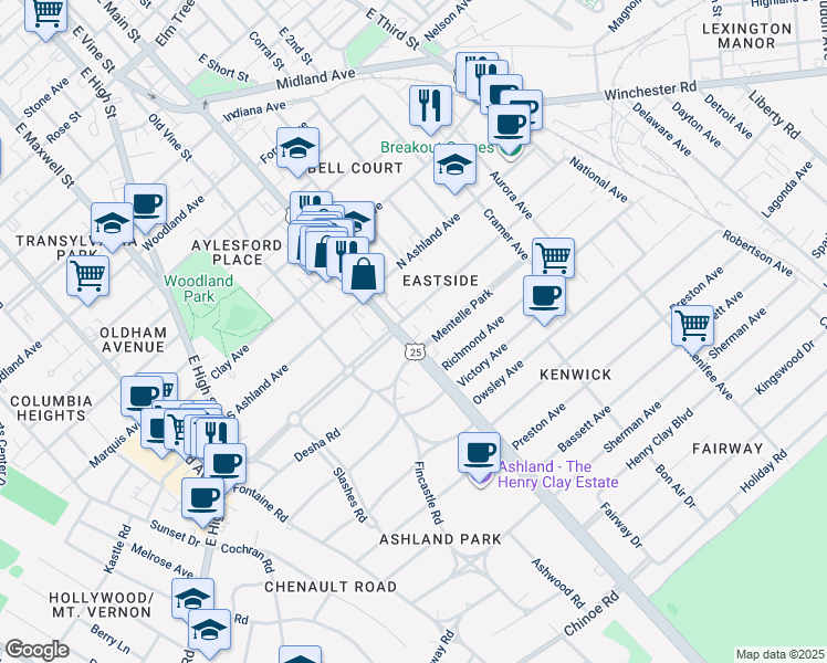 map of restaurants, bars, coffee shops, grocery stores, and more near 905 Richmond Road in Lexington