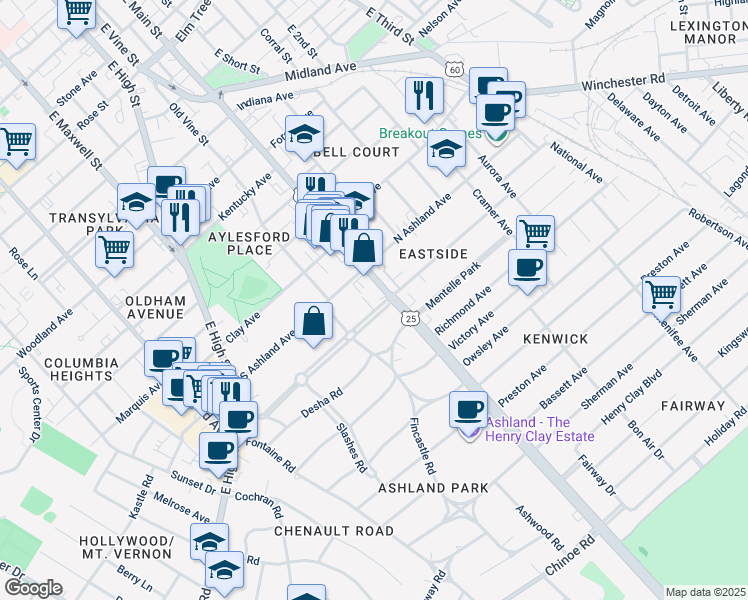 map of restaurants, bars, coffee shops, grocery stores, and more near 121 South Hanover Avenue in Lexington