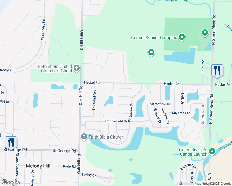 map of restaurants, bars, coffee shops, grocery stores, and more near 6120 Pebble Stone Drive in Evansville