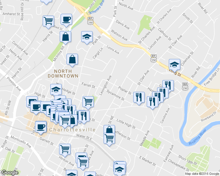 map of restaurants, bars, coffee shops, grocery stores, and more near 605 St Charles Ave in Charlottesville