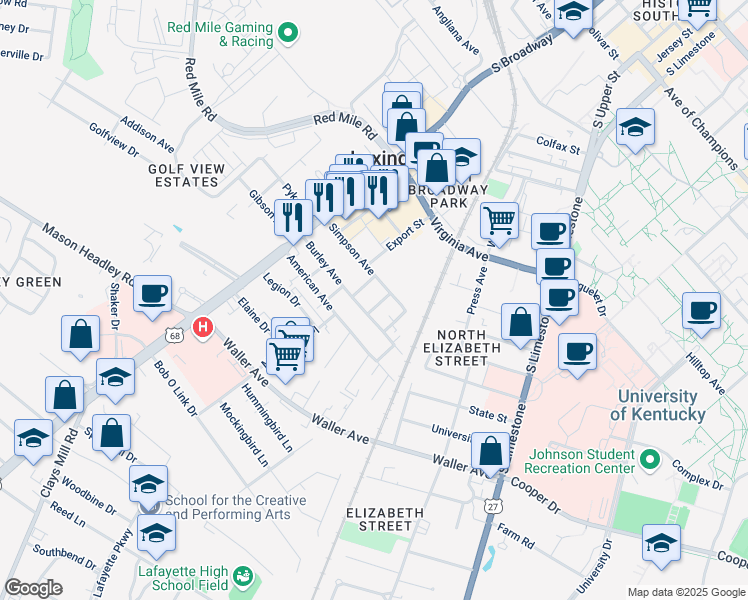 map of restaurants, bars, coffee shops, grocery stores, and more near 1107 Fern Avenue in Lexington
