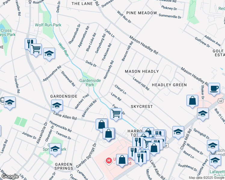 map of restaurants, bars, coffee shops, grocery stores, and more near 1810 Beacon Hill Road in Lexington