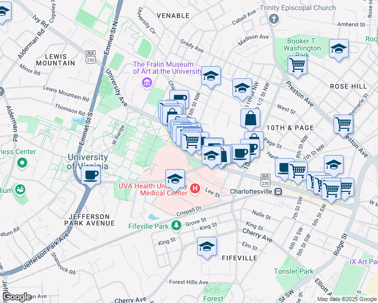 map of restaurants, bars, coffee shops, grocery stores, and more near 102 14th Street Northwest in Charlottesville