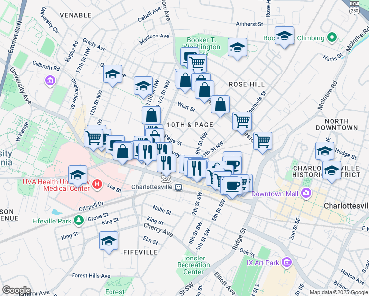 map of restaurants, bars, coffee shops, grocery stores, and more near 814 Page Street in Charlottesville