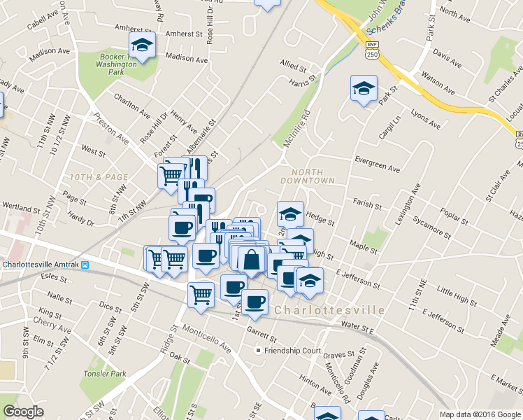 map of restaurants, bars, coffee shops, grocery stores, and more near 408 Altamont Circle in Charlottesville
