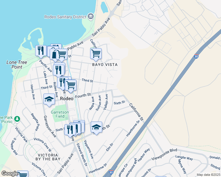 map of restaurants, bars, coffee shops, grocery stores, and more near 1222 Fourth Street in Rodeo