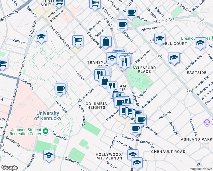 map of restaurants, bars, coffee shops, grocery stores, and more near 507 Euclid Avenue in Lexington