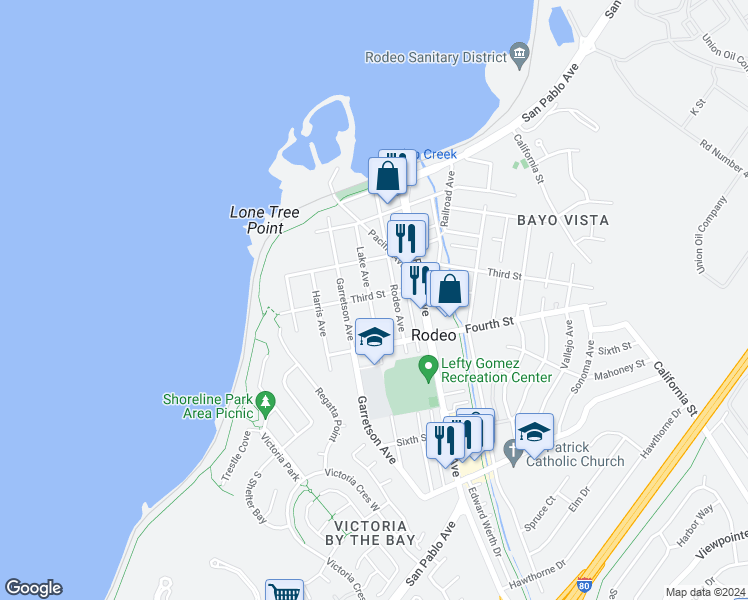 map of restaurants, bars, coffee shops, grocery stores, and more near 301 Lake Avenue in Rodeo