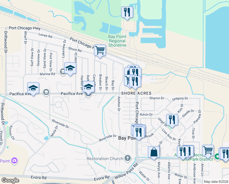 map of restaurants, bars, coffee shops, grocery stores, and more near 98 Bay Drive in Bay Point