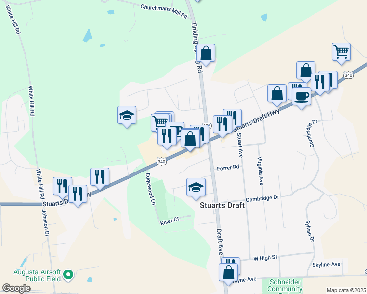 map of restaurants, bars, coffee shops, grocery stores, and more near 2618 Stuarts Draft Highway in Stuarts Draft