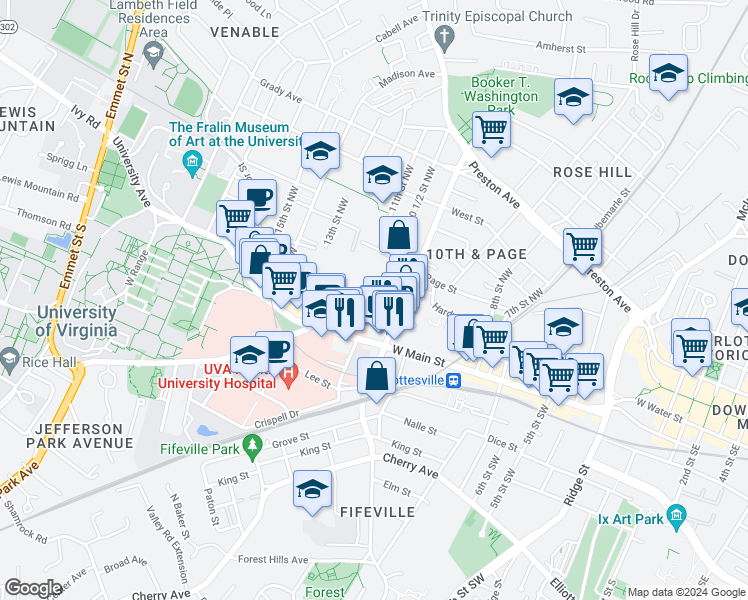 map of restaurants, bars, coffee shops, grocery stores, and more near 1080 Wertland Street in Charlottesville