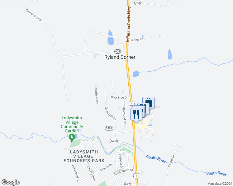 map of restaurants, bars, coffee shops, grocery stores, and more near 2603 Meadow Lane in Ruther Glen