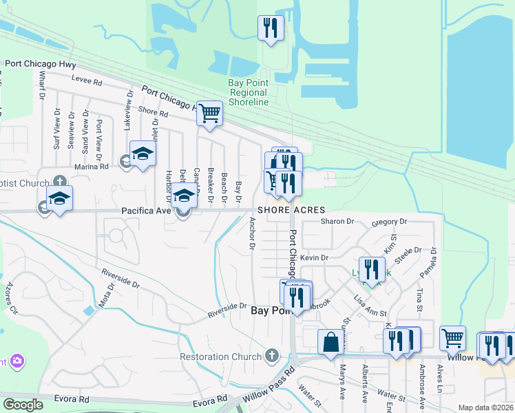 map of restaurants, bars, coffee shops, grocery stores, and more near 98 Anchor Drive in Bay Point