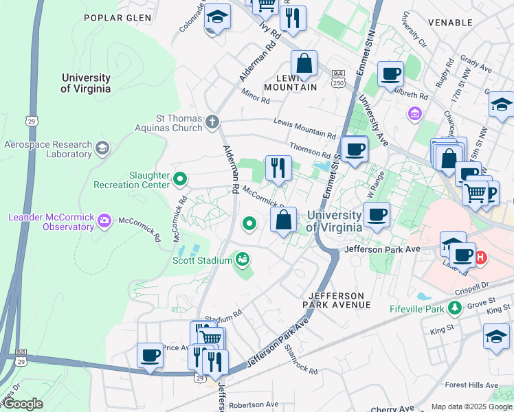 map of restaurants, bars, coffee shops, grocery stores, and more near 485 McCormick Road in Charlottesville