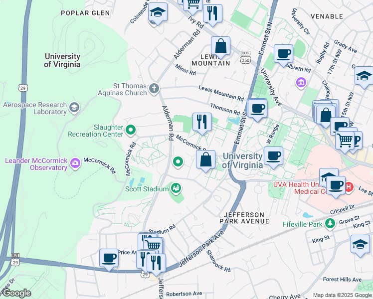 map of restaurants, bars, coffee shops, grocery stores, and more near 485 McCormick Road in Charlottesville
