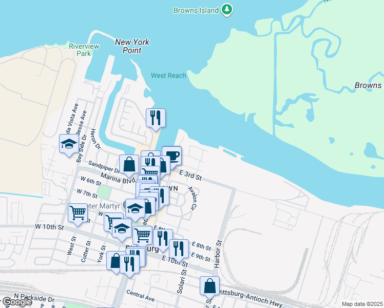 map of restaurants, bars, coffee shops, grocery stores, and more near 161 Edgewater Place in Pittsburg