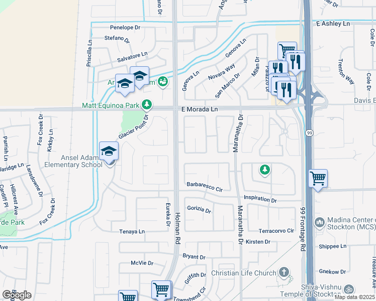 map of restaurants, bars, coffee shops, grocery stores, and more near 9241 Snow Creek Circle in Stockton