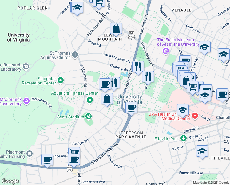 map of restaurants, bars, coffee shops, grocery stores, and more near 382 McCormick Road in Charlottesville