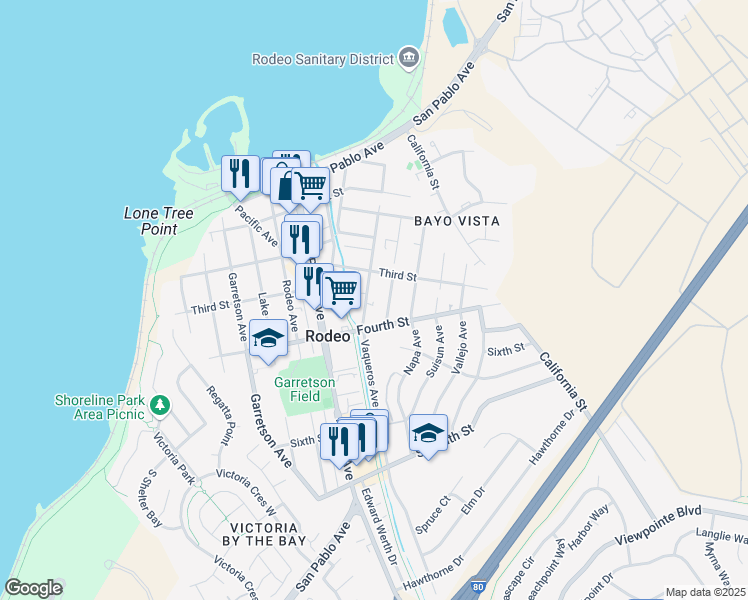 map of restaurants, bars, coffee shops, grocery stores, and more near 371 Vaqueros Avenue in Rodeo