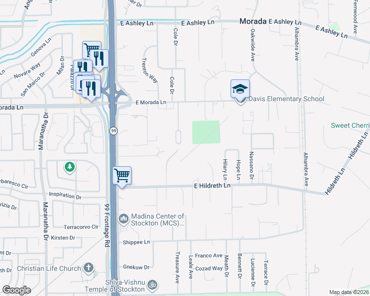 map of restaurants, bars, coffee shops, grocery stores, and more near 9064 North Lloyd Lane in Stockton